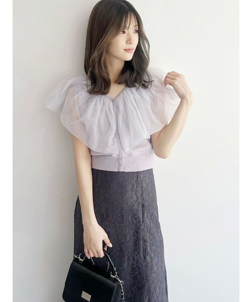 MERCURYDUO(マーキュリーデュオ)の「チュールドッキングカーデライクニット(ニット/セーター・レディース・ブラック/オフホワイト/ラベンダー・FREE)」の4枚目の写真