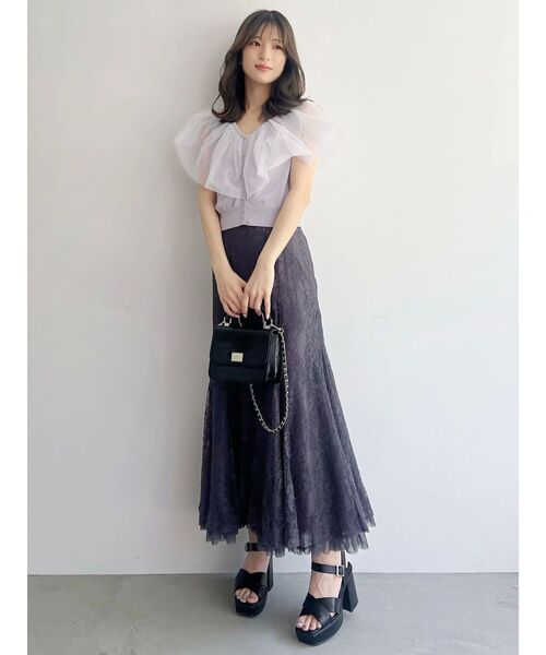 MERCURYDUO(マーキュリーデュオ)の「チュールドッキングカーデライクニット(ニット/セーター・レディース・ブラック/オフホワイト/ラベンダー・FREE)」の8枚目の写真