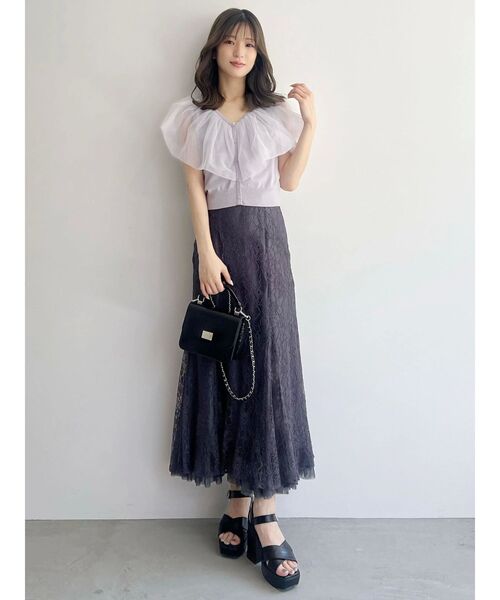 MERCURYDUO(マーキュリーデュオ)の「チュールドッキングカーデライクニット(ニット/セーター・レディース・ブラック/オフホワイト/ラベンダー・FREE)」の9枚目の写真