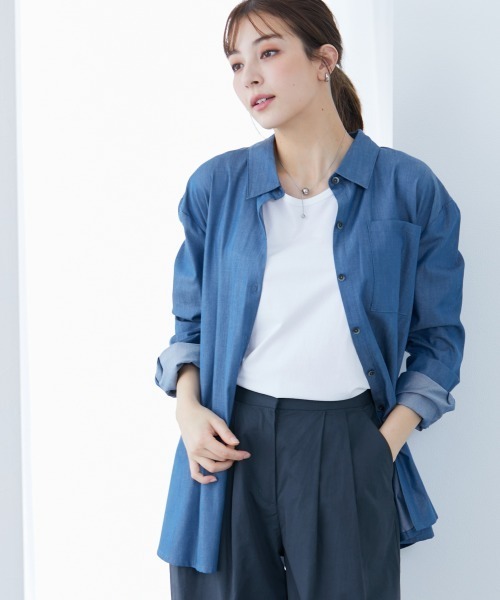 slattgir(スラットジール)の「高身長 綿混シャンブレーシャツ(トールサイズ)(シャツ/ブラウス・レディース・ブルー/ブラック・LL/3L/4L/5L/M/L)」の1枚目の写真