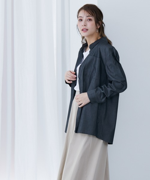 slattgir(スラットジール)の「高身長 綿混シャンブレーシャツ(トールサイズ)(シャツ/ブラウス・レディース・ブルー/ブラック・LL/3L/4L/5L/M/L)」の3枚目の写真