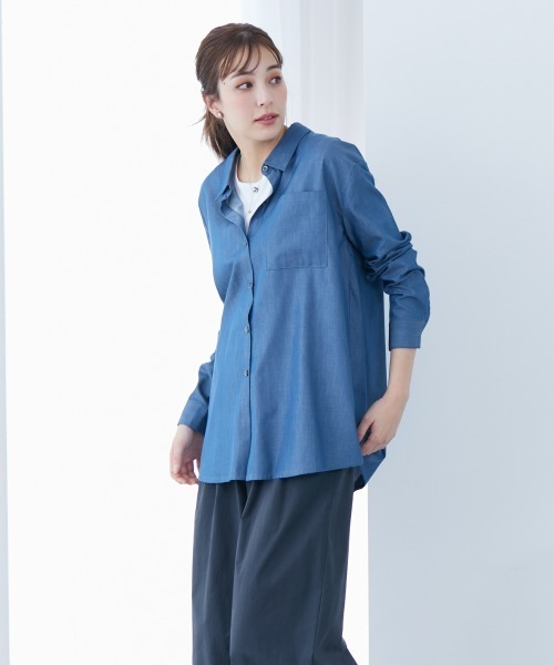 slattgir(スラットジール)の「高身長 綿混シャンブレーシャツ(トールサイズ)(シャツ/ブラウス・レディース・ブルー/ブラック・LL/3L/4L/5L/M/L)」の7枚目の写真