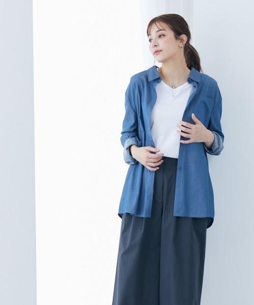 slattgir(スラットジール)の「高身長 綿混シャンブレーシャツ(トールサイズ)(シャツ/ブラウス・レディース・ブルー/ブラック・LL/3L/4L/5L/M/L)」の8枚目の写真