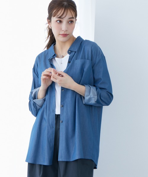 slattgir(スラットジール)の「高身長 綿混シャンブレーシャツ(トールサイズ)(シャツ/ブラウス・レディース・ブルー/ブラック・LL/3L/4L/5L/M/L)」の11枚目の写真