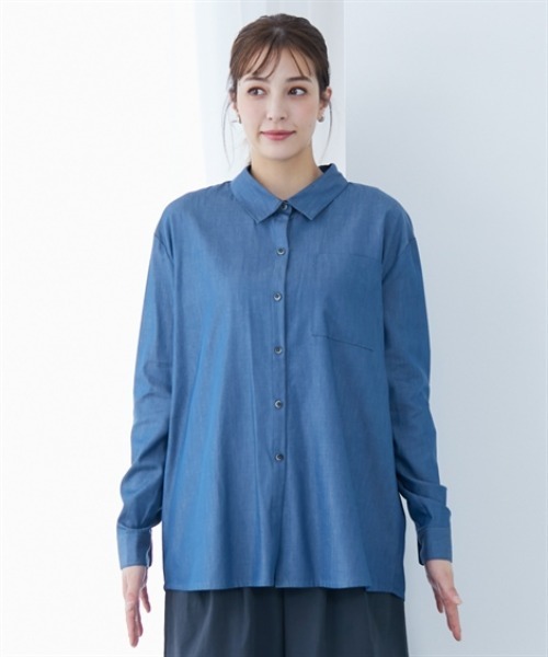 slattgir(スラットジール)の「高身長 綿混シャンブレーシャツ(トールサイズ)(シャツ/ブラウス・レディース・ブルー/ブラック・LL/3L/4L/5L/M/L)」の15枚目の写真