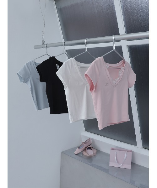 レースVネッククロップドTシャツ（Tシャツ/カットソー）｜Darich