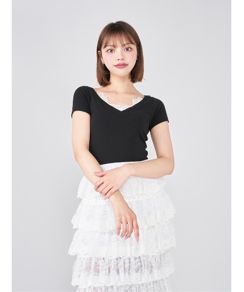 レースVネッククロップドTシャツ（Tシャツ/カットソー）｜Darich