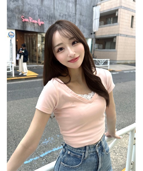 レースVネッククロップドTシャツ（Tシャツ/カットソー）｜Darich