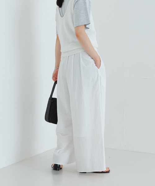albacher カジュアルパンツ コットン混在 ホワイト レディース XL パンツ レディース セミワイド配色コットンストレートパンツ