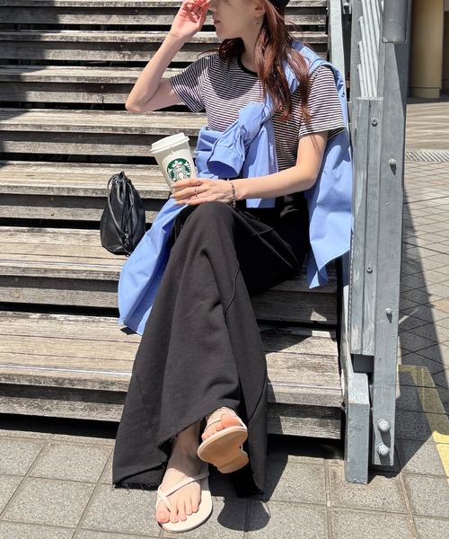 ISOOK（アイスー）の「【ISOOK / アイスー】マリンボーダーリブTシャツ / 半袖 クロップド丈 短丈 クルーネック ラウンドネック リブカットソー 細ボーダー ホワイト ブラック レッド ブラウン パープル 白 黒 茶 赤 紫 ZOZOTOWN限定（Tシャツ/カットソー・レディース・レッド/モカ/パープル/ブラック・FREE）」の10枚目の写真