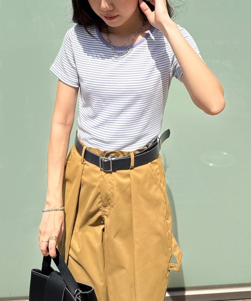 ISOOK（アイスー）の「【ISOOK / アイスー】マリンボーダーリブTシャツ / 半袖 クロップド丈 短丈 クルーネック ラウンドネック リブカットソー 細ボーダー ホワイト ブラック レッド ブラウン パープル 白 黒 茶 赤 紫 ZOZOTOWN限定（Tシャツ/カットソー・レディース・レッド/モカ/パープル/ブラック・FREE）」の20枚目の写真