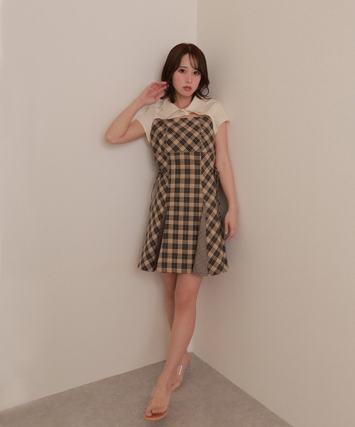 MDOLLY シャツドッキングチェックブロックドレス M DOLLY original* shirt docking check block dress/シャツ