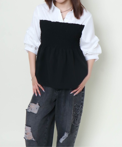 GORGE（ゴージ）の「《シャーリング×フェイクレイヤード》レディース ドッキングシャツ ブラウス風 春秋（シャツ/ブラウス・レディース・その他5/アイボリー系/レッド/オフホワイト/ブルー・F）」の7枚目の写真