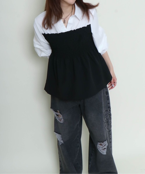 GORGE（ゴージ）の「《シャーリング×フェイクレイヤード》レディース ドッキングシャツ ブラウス風 春秋（シャツ/ブラウス・レディース・その他5/アイボリー系/レッド/オフホワイト/ブルー・F）」の8枚目の写真
