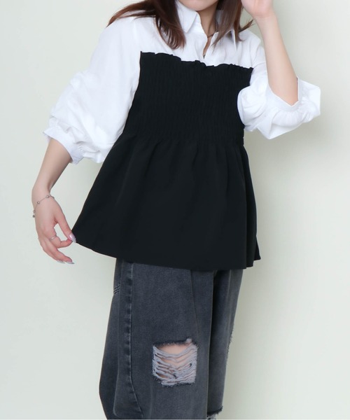 GORGE（ゴージ）の「《シャーリング×フェイクレイヤード》レディース ドッキングシャツ ブラウス風 春秋（シャツ/ブラウス・レディース・その他5/アイボリー系/レッド/オフホワイト/ブルー・F）」の9枚目の写真