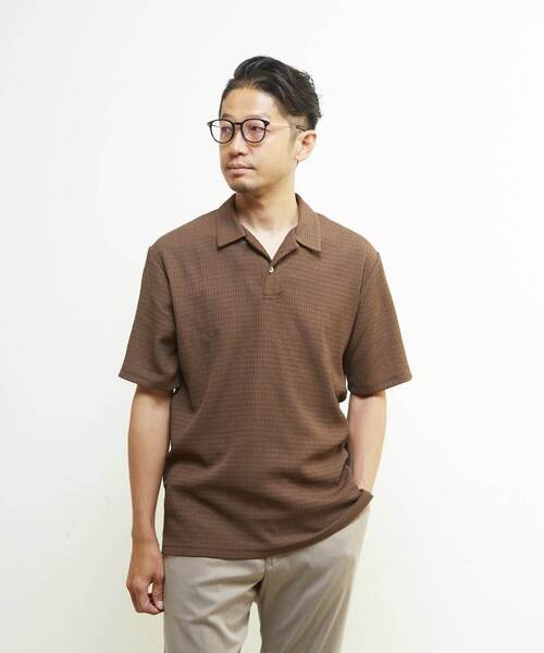 MEN'S MELROSE(メンズメルローズ)の「テクスチャーメッシュスキッパーポロシャツ(ポロシャツ・メンズ・ブラック/グリーン/ブラウン・3/4/2)」の2枚目の写真