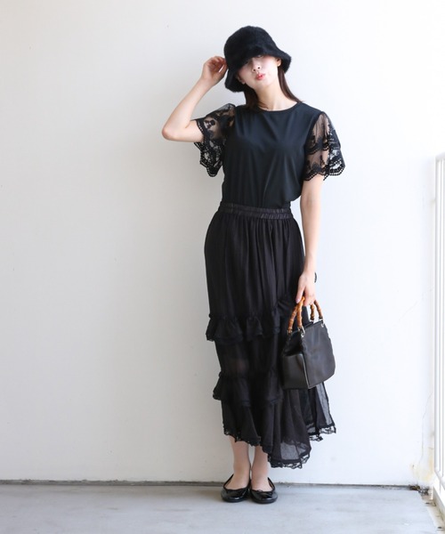 a lot of love(ア ロット オブ ラブ)の「フリルレーススリーブ フェミニンTシャツ(Tシャツ/カットソー・レディース・ブラック/ホワイト・FREE)」の13枚目の写真