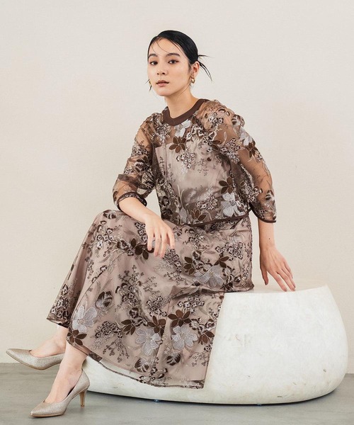 セール】チュール レース フラワー刺繍 ドッキング 結婚式 ワンピース