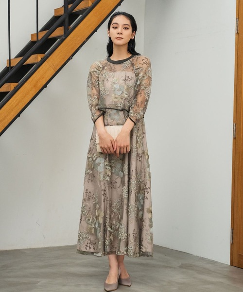 セール】チュール レース フラワー刺繍 ドッキング 結婚式 ワンピース