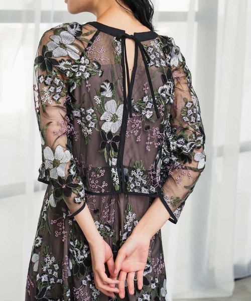 フラワー付きチュールドッキングドレス セール】チュール レース フラワー刺繍 ドッキング 結婚式 ワンピース