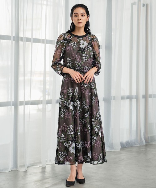 セール】チュール レース フラワー刺繍 ドッキング 結婚式 ワンピース