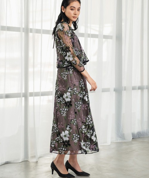 セール】チュール レース フラワー刺繍 ドッキング 結婚式 ワンピース