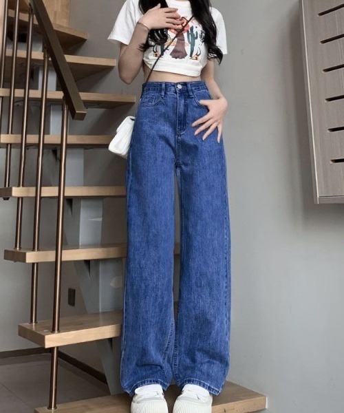 cammie(キャミー)の「ハイウエストワイドストレートデニムパンツ(デニムパンツ・レディース・ネイビー/ライトブルー/ブラック・LARGE/MEDIUM)」の14枚目の写真