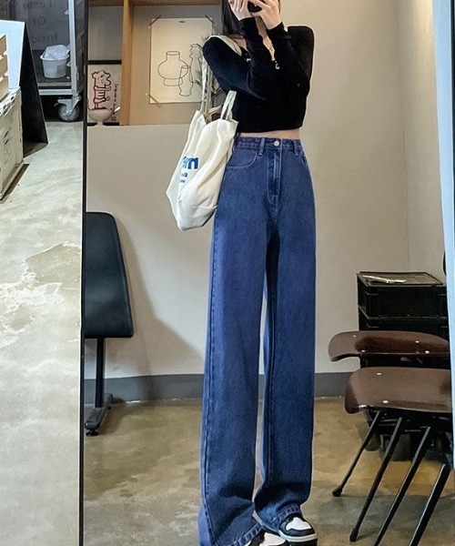 cammie(キャミー)の「ハイウエストワイドストレートデニムパンツ(デニムパンツ・レディース・ネイビー/ライトブルー/ブラック・LARGE/MEDIUM)」の15枚目の写真