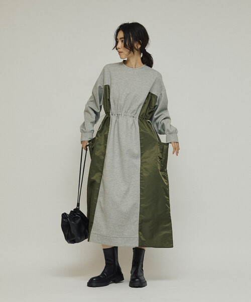 Firsthand/ファーストハンド 異素材ドッキング ギャザー ダンボール スウェット ワンピース / スピンドル