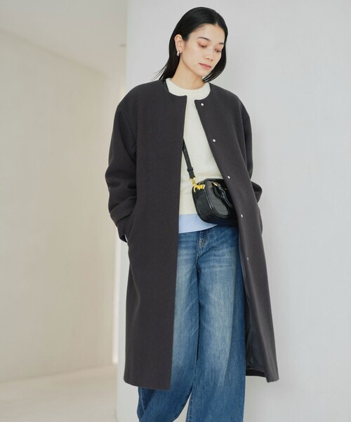 green label relaxing（グリーンレーベルリラクシング）の「［size SHORTあり］SENTDALE WOOL セントデールウール ノーカラー コート（ノーカラーコート・レディース・グレー/オフホワイト/ダークブラウン/ダークグレー・40/38/36/SHORT）」の6枚目の写真