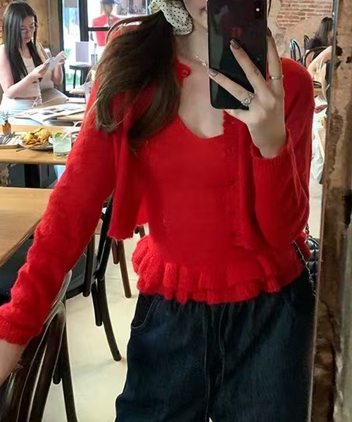 Chiina（チーナ）の「Chiina /【お得なセットアイテム】シアーカーディガン＆キャミソールセット（カーディガン/ボレロ・レディース・ピンク/グリーン/ライトブルー/レッド/イエロー・FREE）」の5枚目の写真