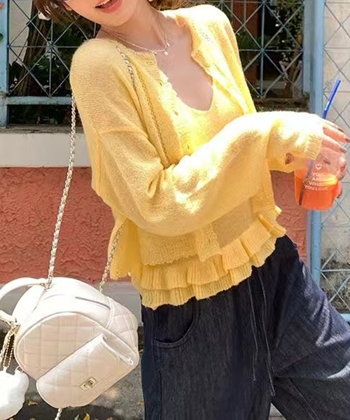 Chiina（チーナ）の「Chiina /【お得なセットアイテム】シアーカーディガン＆キャミソールセット（カーディガン/ボレロ・レディース・ピンク/グリーン/ライトブルー/レッド/イエロー・FREE）」の4枚目の写真