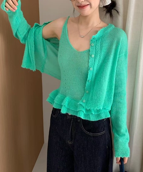 Chiina（チーナ）の「Chiina /【お得なセットアイテム】シアーカーディガン＆キャミソールセット（カーディガン/ボレロ・レディース・ピンク/グリーン/ライトブルー/レッド/イエロー・FREE）」の2枚目の写真