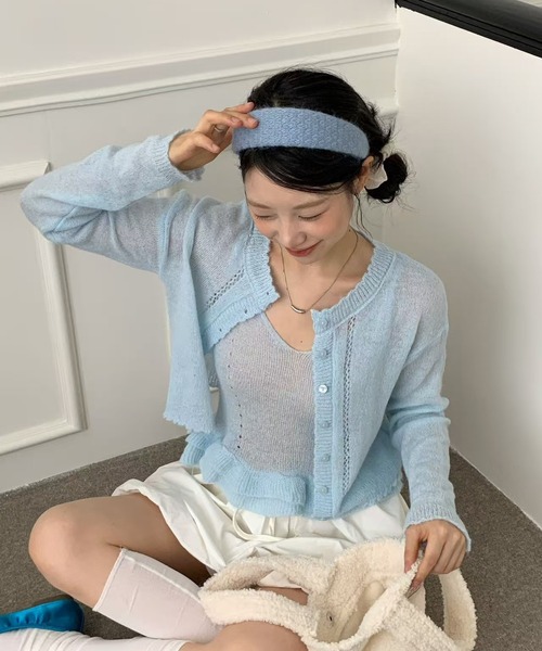 Chiina（チーナ）の「Chiina /【お得なセットアイテム】シアーカーディガン＆キャミソールセット（カーディガン/ボレロ・レディース・ピンク/グリーン/ライトブルー/レッド/イエロー・FREE）」の3枚目の写真