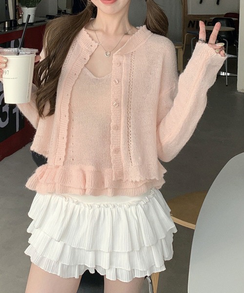 Chiina（チーナ）の「Chiina /【お得なセットアイテム】シアーカーディガン＆キャミソールセット（カーディガン/ボレロ・レディース・ピンク/グリーン/ライトブルー/レッド/イエロー・FREE）」の7枚目の写真