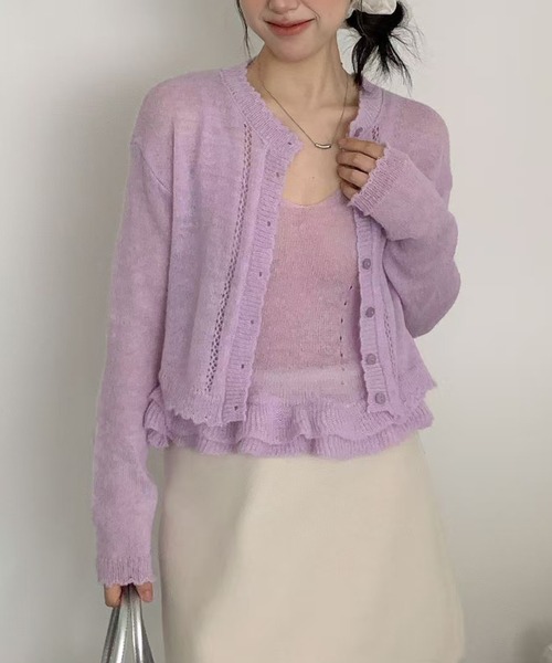 Chiina（チーナ）の「Chiina /【お得なセットアイテム】シアーカーディガン＆キャミソールセット（カーディガン/ボレロ・レディース・ピンク/グリーン/ライトブルー/レッド/イエロー・FREE）」の8枚目の写真