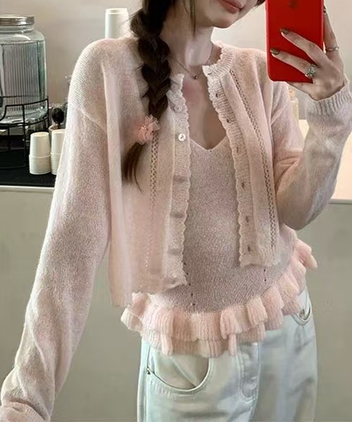 Chiina（チーナ）の「Chiina /【お得なセットアイテム】シアーカーディガン＆キャミソールセット（カーディガン/ボレロ・レディース・ピンク/グリーン/ライトブルー/レッド/イエロー・FREE）」の9枚目の写真