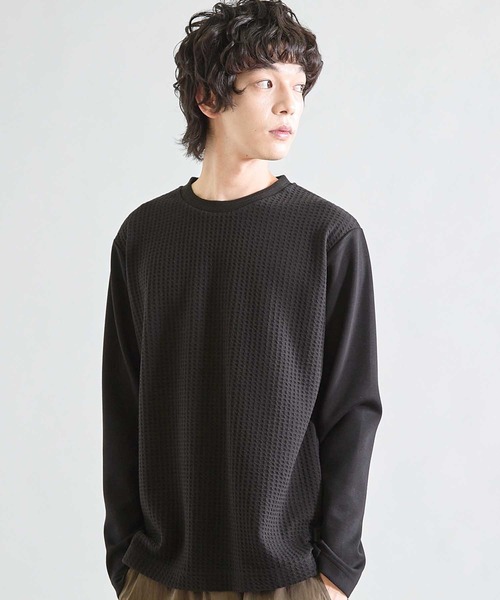 UNION STATION（ユニオンステーション）の「異素材コンビ ワッフルジャガードTee（スウェット・メンズ・ブラック/ホワイト/ブラウン・M/L/LL）」の2枚目の写真