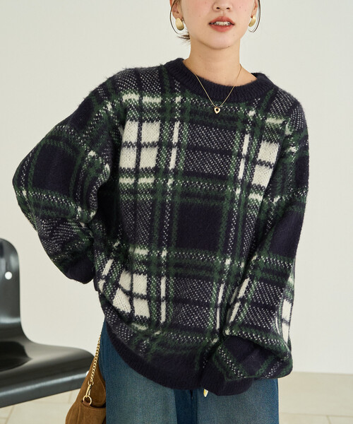 セール】限定展開 ビッグシルエット チェック ニットプルオーバー