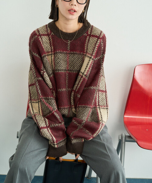 セール】限定展開 ビッグシルエット チェック ニットプルオーバー
