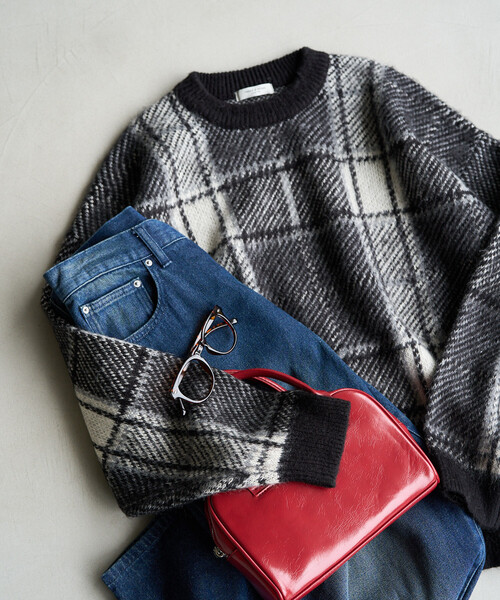 限定展開 ビッグシルエット チェック ニットプルオーバー（ニット