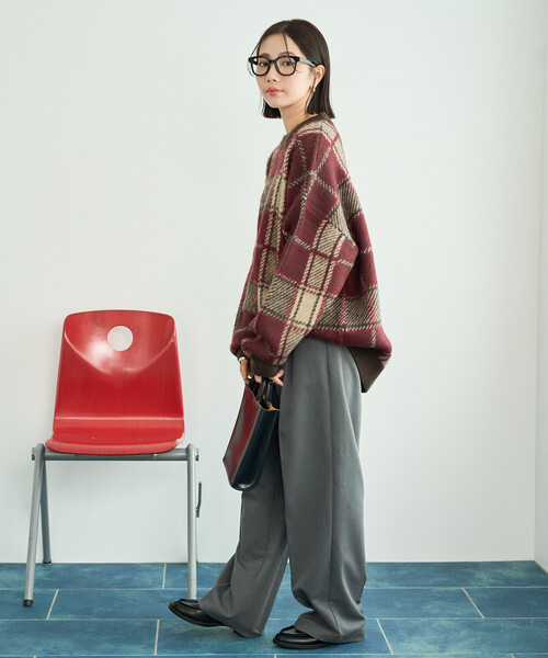 セール】限定展開 ビッグシルエット チェック ニットプルオーバー