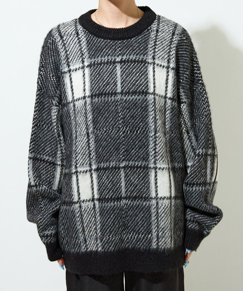 セール】限定展開 ビッグシルエット チェック ニットプルオーバー