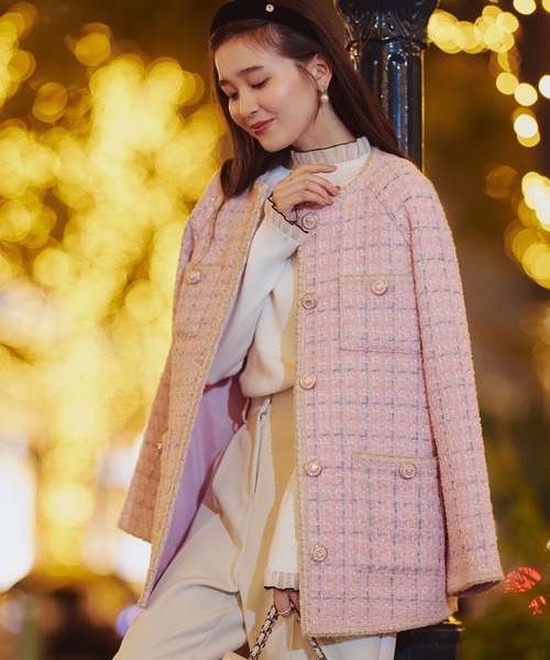 セール】ファンシー ウール ツイード ノーカラー ジャケット