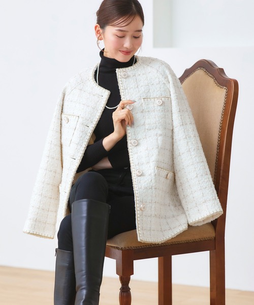 RUIRUE BOUTIQUE(ルイルエブティック)の「ファンシー ウール ツイード ノーカラー ジャケット | アウター / ウールコート / コート / ツイードジャケット / ノーカラーコート(ノーカラージャケット・レディース・オフホワイト/ピンク/ブラック・L/M)」の7枚目の写真