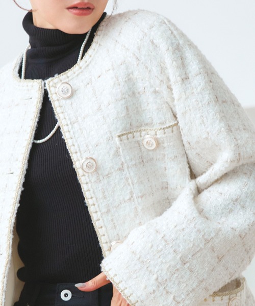 RUIRUE BOUTIQUE(ルイルエブティック)の「ファンシー ウール ツイード ノーカラー ジャケット | アウター / ウールコート / コート / ツイードジャケット / ノーカラーコート(ノーカラージャケット・レディース・オフホワイト/ピンク/ブラック・L/M)」の9枚目の写真