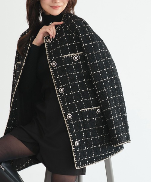 RUIRUE BOUTIQUE(ルイルエブティック)の「ファンシー ウール ツイード ノーカラー ジャケット | アウター / ウールコート / コート / ツイードジャケット / ノーカラーコート(ノーカラージャケット・レディース・オフホワイト/ピンク/ブラック・L/M)」の13枚目の写真