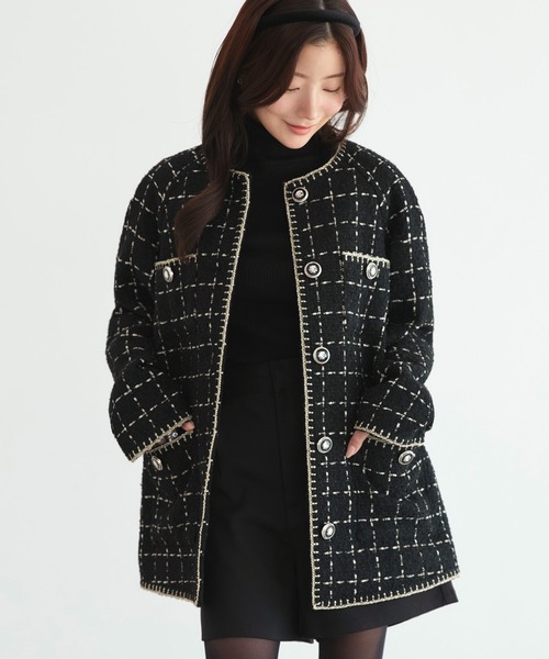 RUIRUE BOUTIQUE(ルイルエブティック)の「ファンシー ウール ツイード ノーカラー ジャケット | アウター / ウールコート / コート / ツイードジャケット / ノーカラーコート(ノーカラージャケット・レディース・オフホワイト/ピンク/ブラック・L/M)」の15枚目の写真