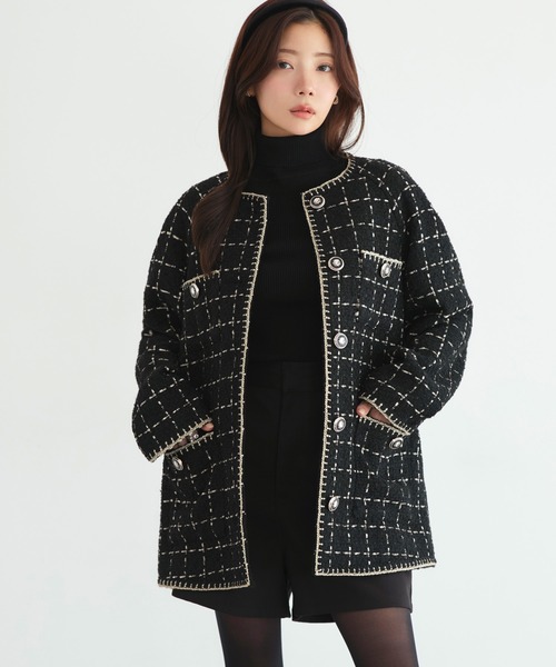RUIRUE BOUTIQUE(ルイルエブティック)の「ファンシー ウール ツイード ノーカラー ジャケット | アウター / ウールコート / コート / ツイードジャケット / ノーカラーコート(ノーカラージャケット・レディース・オフホワイト/ピンク/ブラック・L/M)」の17枚目の写真