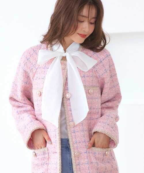 RUIRUE BOUTIQUE(ルイルエブティック)の「ファンシー ウール ツイード ノーカラー ジャケット | アウター / ウールコート / コート / ツイードジャケット / ノーカラーコート(ノーカラージャケット・レディース・オフホワイト/ピンク/ブラック・L/M)」の20枚目の写真